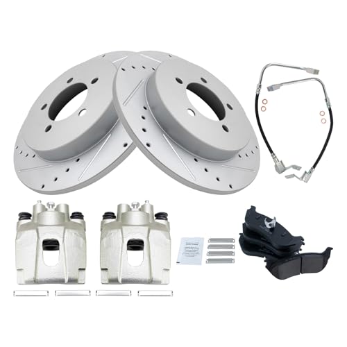 Image of TRQ Performance Rear Brake Pad and Rotor Set Ceramic Drilled Slotted Coated Calipers Compatible with 2002-2005 Ford Explorer Mercury Mountaineer
