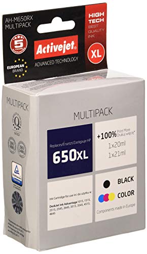 Activejet AH-M650RX - Cartucho de Tinta para HP 650 CZ101/CZ102 (20 ml, 1 Cartucho de 21 ml), Color Negro