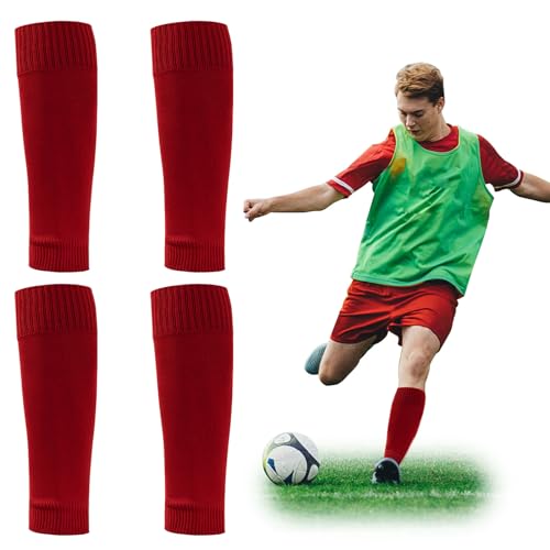 SKHAOVS 2 Pares de futebol caneleiras meias manga, mangas elásticas altas, meias vermelhas futebol cortadas, Soccer Shin Guard Sleeves, mangas protetoras de panturrilhas, Vermelho, Talla única