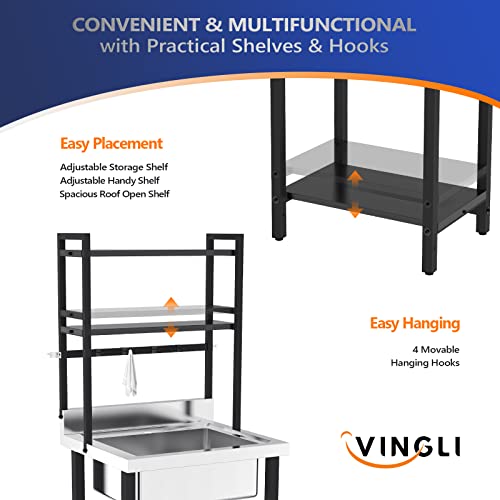 Image of VINGLI 67 inchH Commercial Sink 304 Stainless Steel Sink with Adjustable Shelves and Hanging Rod with Hooks, Freestanding Utility Sink for Restaurant Kitchen Laundry Room Garage, Bowl Size 21 inchWx16 inchDx9 inchH