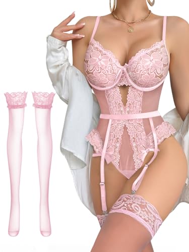 Image of Lilosy Sexy Stocking Lace Mesh Bodysuit Top Underwire Garter Lingerie Set 3 Piece