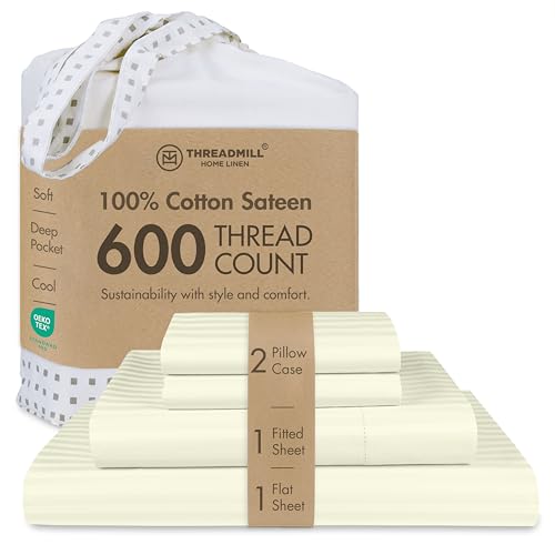 Threadmill 600TC Cotton Cal King Sheet Set, Sateen, Damask, Ivory, 4-Piece