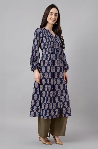 Image of Janasya Women's Pure Cotton Floral Printed A-line Kurta