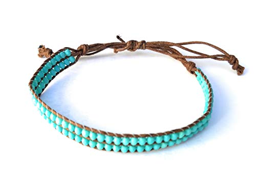 Boho Beach Anklet Ankle Bracelet - Beaded Drawstring Single Wrap - Double Row Turquoise Color Beads - Adjustable Macrame, 6 to 11 Inches