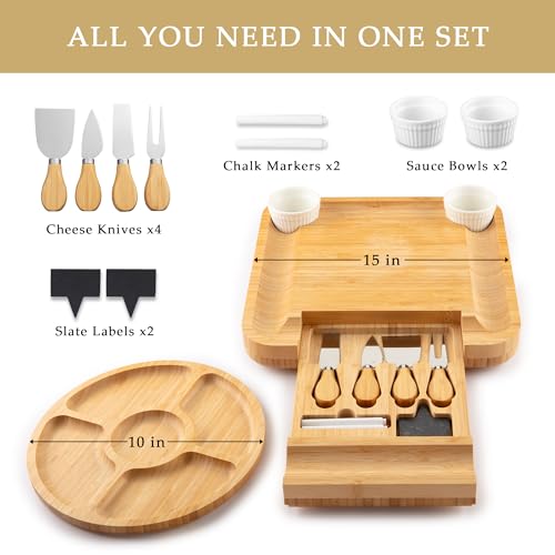 Image of Zulay Kitchen Premium Bamboo Charcuterie Board - Extra Thick Bamboo Board with 4 Piece Knife Set - Perfect for Charcuterie, Wine and Cheese
