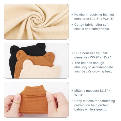 Image of BQUBO 3 Sets Cotton Baby Swaddle Blankets Swaddling Wrap with Hats Mittens Newborn Soft Silky Nursery Receiving Blanket Cute Bear Ears Hat Elastic Gloves Set for Unisex Baby 0-3 Months