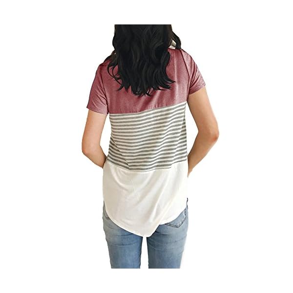 YunJey-Round-Neck-Triple-Color-Block-Stripe-T-Shirt YunJey short sleeve round neck triple color block stripe T-shirt casual blouse,Red,Large