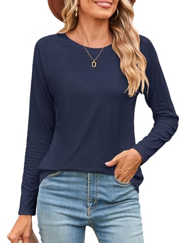 Beluring Pullover Damen Elegant Langarm Rundhals Oberteile Raglanärmel Einfarbig Tunika Tshirt Marineblau XL