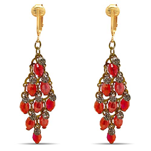 Aloha Earrings Crystal Clip On Earrings-Sparkle Clip On Rhinestone Earrings-Clip On Dangle Earrings-Formal Earrings CZ Clip Earrings for Women, Clip On Crystal (Red Crystal Dangle)