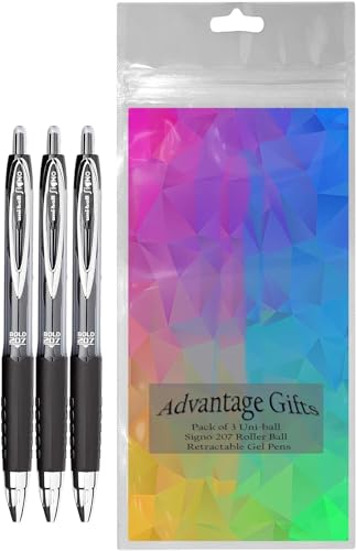 Image of Signo 207 Roller Ball Retractable Gel Pens, Bold Point (1.0mm), Black Ink, 3 Count, Bundle with Plastic Reusable Pouch