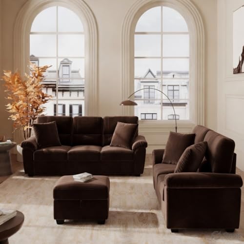 Image of Anderson Sofa Set for Living Room | Sectional Sofas | Premium Leather Sofa for Home Office | Leather Sofa Set | Leatherette Sofa (Brown Fabric, 3+2 Seater with Ottoman)