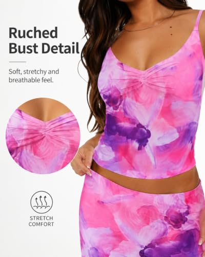 Image of Two Piece Skirt Set Women Maxi Long Skirt and Top Outfit | Soft stretchy 5 pc, slim bodycon, adjustable spaghetti straps, ruched crop tank, elastic waist, going out, beach vacation