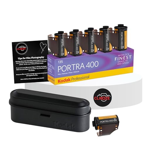 Clikoze 35mm Kodak Portra 400 Color Negative Film Bundle - 36 Exposures, Black Kodak Case, 5 Rolls, and Photography Tips