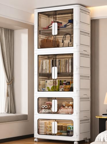 Image of Plastic Wardrobe for Cloths | 4 Layer Stackable Almirah with Hanging Rod, Transparent Doors, Wheels | Foldable Storage Cabinet Organizer for Clothes /Books /Toys (SJM-White, 4-Door)