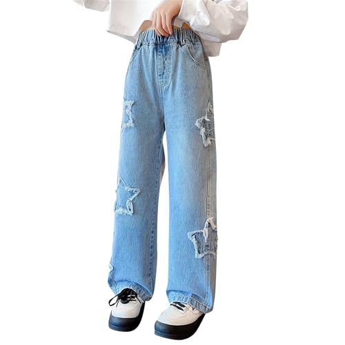 Girls Causal Straight Denim Trousers Star Print Distressed Denim Pants Elastic Waist Baggy Wide Leg Jeans Ripped