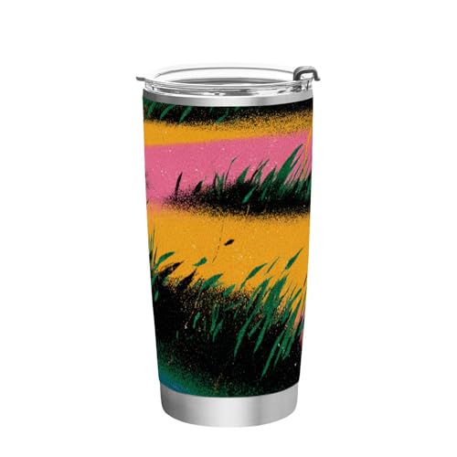 siphylline Taza de café abstracta retro naranja rosa hierba tierra de acero inoxidable taza de café con tapa de viaje aislada para acampar lindo vaso abatible 591 ml