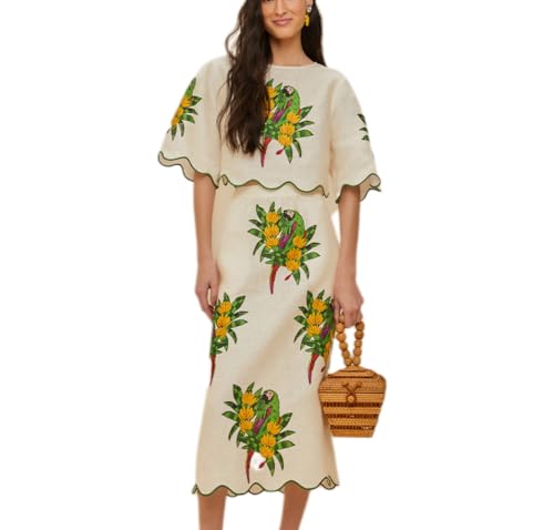 ksotutm 2 Piece Skirt Sets for Women Tropical Shirt Top and Summer Mdid Skirts Set Vacation Beach Going Out Outfits