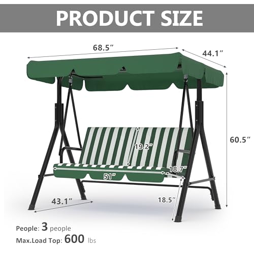 Image of Garvee Outdoor Porch Swing with Adjustable Canopy, 3-Seat Patio Swing Chair with Stand, Heavy Duty Outdoor Swing for Adults, Metal Frame Patio Swing for Garden, Backyard & Poolside,Striped Green