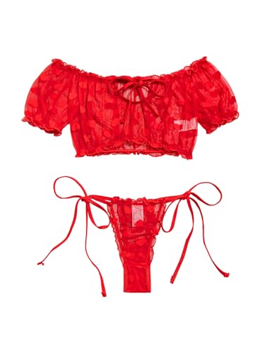 Image of Lilosy Sexy Stretch Ruffle Tie Sheer Mesh Lingerie Set Outfits