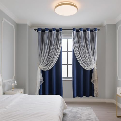 Image of Anytime Double Layer Blackout Curtains 2 Panels,52Wx63L,Navy Blue | Sheer And Fabric Window Drapes Grommet Top Solid Color Bedroom Living Room Home Decor