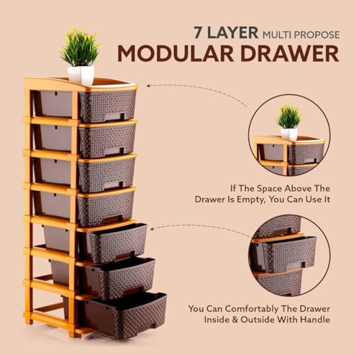 Image of TEKCOOL Plastic Drawer Organizer Self Standard Rectangular Multi Purpose Modular Drawer System Large Chest of Drawer Organizer for Home Office,Product Dimension When assembeled (7XL, Coffee);