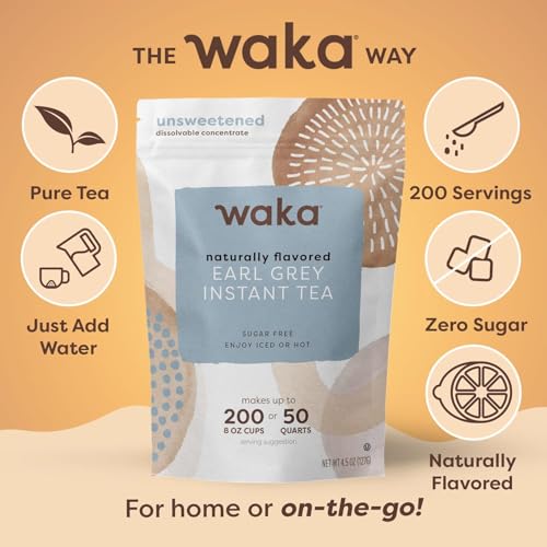 Image of Waka Instant Black Tea Mix, Earl Grey - Black Tea and Pleasant Bergamont Flavor, Unsweetened Powder for 50 Quarts or 200 Cups - Easy and Quick Hot or Iced Teas