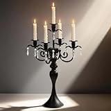 20''Tall Black Crystal Pendant Taper Candle Holders/Stylish Candle Stands/Candlesticks Holder/Candelabra for Home Decor, Weddings/Parties/Elegant Dining Table Centerpiece (1, Black, 5 Arm)