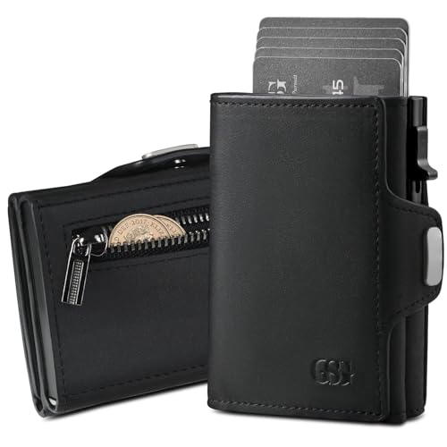 GSG SINCE 1998 Mens Leather Wallet RFID Blocking Pop Up Card Holder Slim Wallet with Coin Pocket ID Window Cash Slot Holds 10 Cards Gift Box Microfiber Black