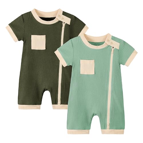 Image of Volunboy Newborn Summer Clothes Unisex Baby Boy Girl 2 Pack Rompers Short Sleeve Two Way Zipper One-piece Jumpsuits Bodysuits