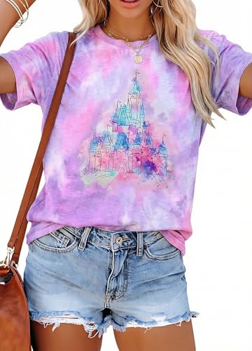 FRYAID Magical Shirt Women Believe in The Magic Tshirt Kingdom Castle Tie Dye Tee Family Holiday Vacation Short Sleeve Tops Pink