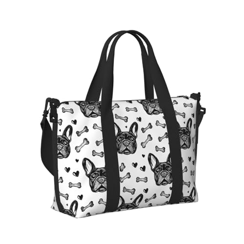 Laptop Tote Bag for Women Work - Black French Bulldog Print Weekender Overnight Bags for Women Travel, Gym Duffle Bag for Men, Personal Item Crossbody Travel Bags for Men Carry On