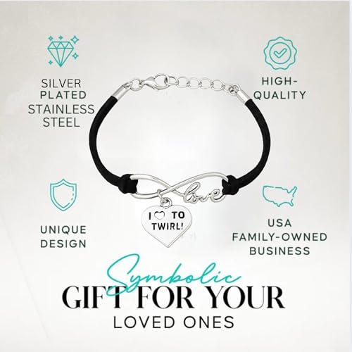 Sportybella Twirling Charm Bracelet – Infinity Black Adjustable Band with Love to Twirl Heart Pendant – Majorette Gift – Includes Jewelry Pouch4