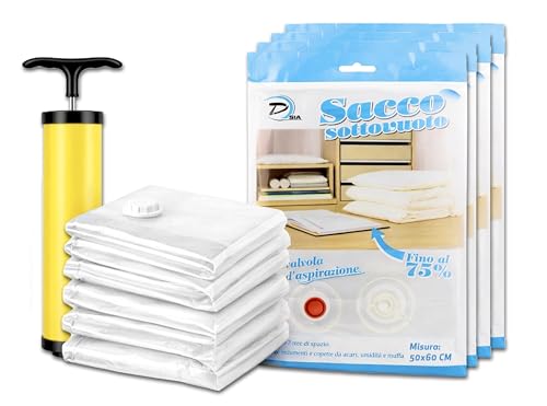 IPEA Sacchetti Sottovuoto per Vestiti – [ 4 Sacchi 50x60cm + Pompa Manuale ] - Sacchi Salvaspazio Riutilizzabili Abbigliamento, Piumoni, Coperte, Abiti – per Casa, Viaggi e Conservazione - Antiplovere