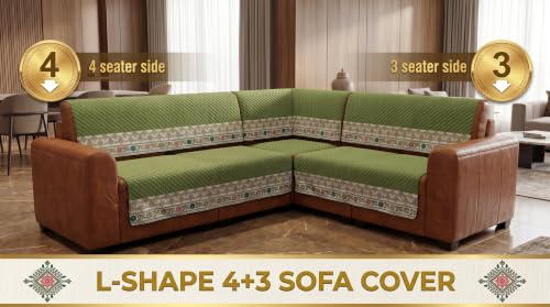 Image of KINGLY L-Shape Sofa Cover 7 Seater 4+3 Velvet Full Cover - Olive Green | Fully covered quilted velvet slipcover, washable anti-slip furniture protector, L-type corner sofa cover for living room