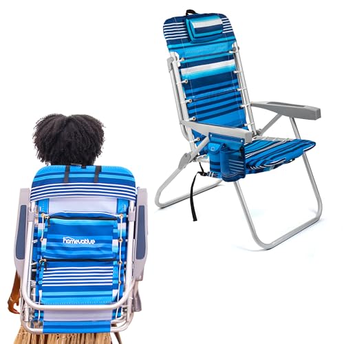 Homevative Folding Tall Backpack Beach Chair with 5 Positions, Towel bar, Cooler and Storage Pouch, Cup Holder and Phone Holder, High Tide Blue