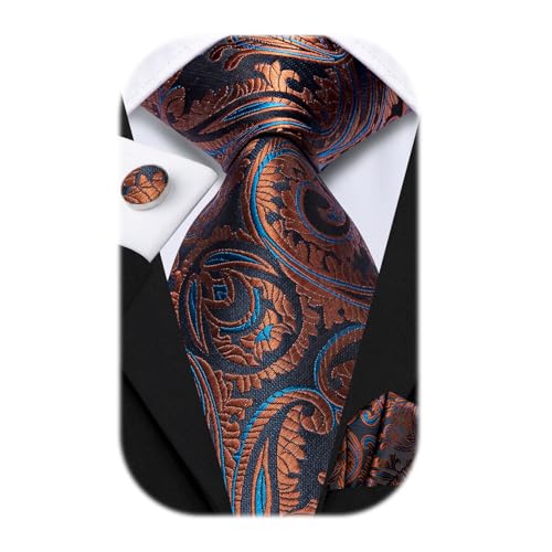 Image of Hi-Tie 70 inches Ties for Men Silk Extra Long Necktie and Pocket Square Cufflinks Set Men Big and Tall Tie Business