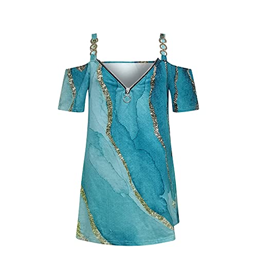 Wangxiyan Summer Women Cold Shoulder Tops Fashion Sexy Loose Fit Short Sleeve Zipper Printing Strapless Long Tunic Blouse Blue,X-Large #TOP4