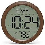 Digital Wall Clock with Date, Indoor Temperature, Auto-DST, Battery-Operated Digital Clock, 8 Inch Small Decorative Wood Wall Clock for Bedroom, Living Room, Kitchen, Office, Modern, Electric, Simple