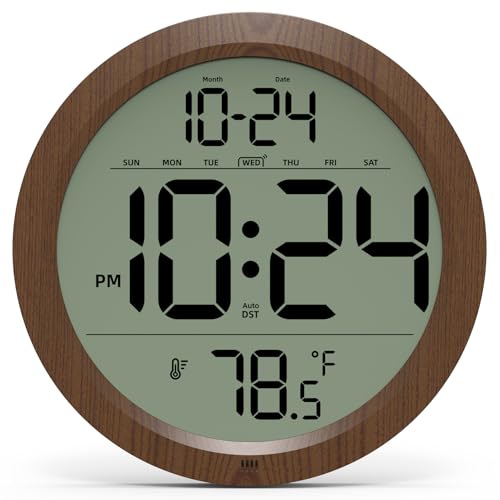 Digital Wall Clock with Date, Indoor Temperature, Auto-DST, Battery-Operated Digital Clock, 8 Inch Small Decorative Wood Wall Clock for Bedroom, Living Room, Kitchen, Office, Modern, Electric, Simple