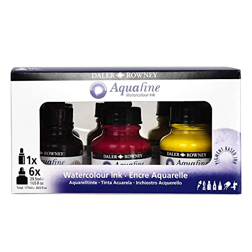 Daler-Rowney Aquafine Watercolor Ink 6-Color Intro Set with Marker - Versatile Liquid Watercolor Ink for Artists and Students - Use with Paint Brushes, Technical Pens, Airbrushes, and Paint Markers