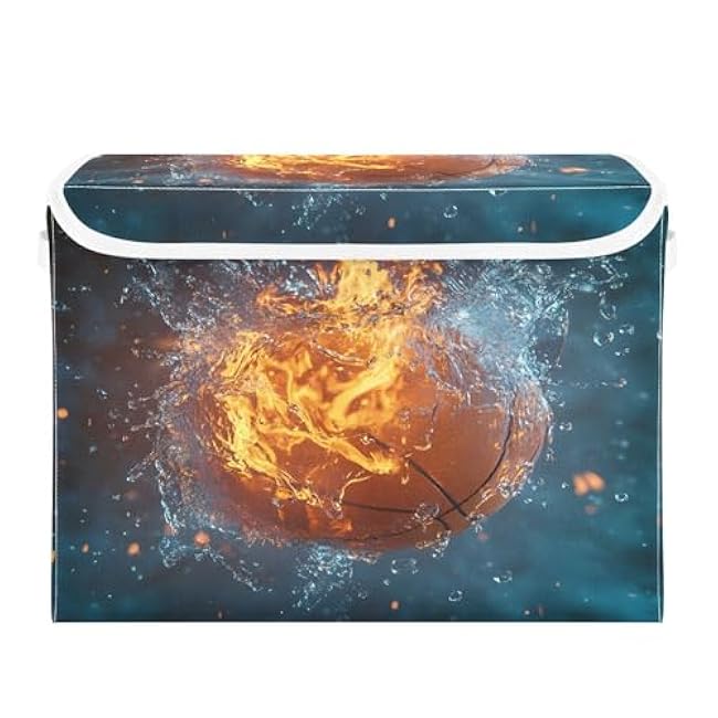 Flame Basketball Foldable Storage Box with Lids, Stackable Oxford Fabric Cube Organizer Basket with Handles for Bedroom Closet Office Home Decor