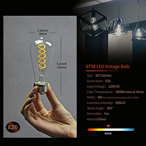 Kiraralite St19(St58) Led Edison Bulb, Vintage,6 Pack,Natural White 4000K, Antique Flexible Spiral Led Filament Light Bulb, Dimmable, 600Lm, 6W Equivalent To 60W, E26 Base,Clear Glass #TOP4