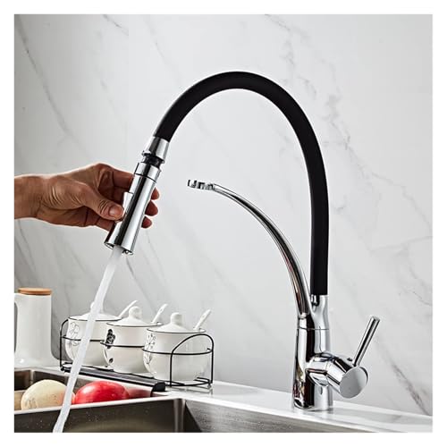 Mitigeur cuisine basse pression noir mat et doré extensible avec douchette flexible C