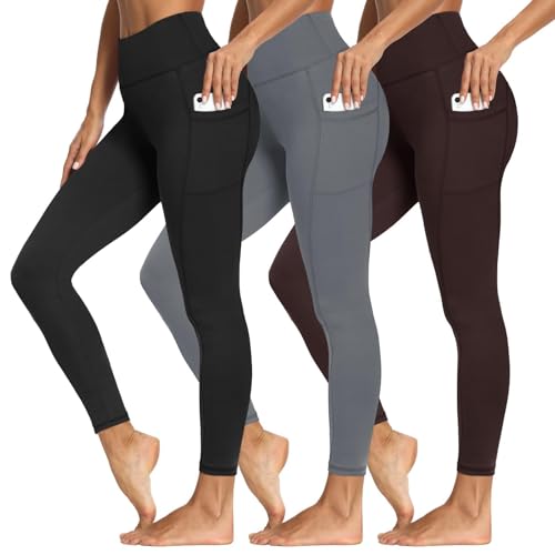 3 Packs Leggings with Pockets for Women, Soft High Waisted Tummy Control Workout Yoga Pants