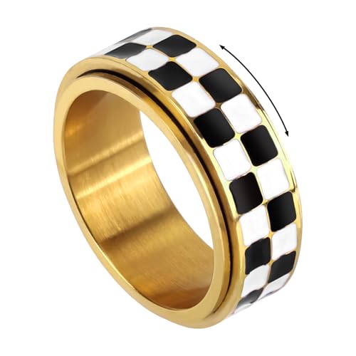 Mikovivi Checkered Fidget Ring, Black White Adults Rotating Spinner Ring Checkerboard Thumb Rotating Rings Gifts for Relaxation Anxiety Fidget Spinner Rings Jewelry for Adults