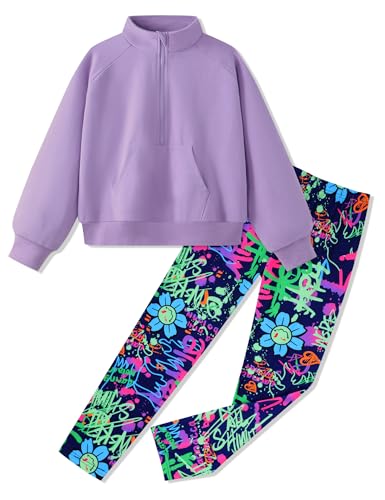 Image of Girls Clothes 2Pcs Outfit Set with Zip-up Top and Trendy Printed Pants Teen Girl Clothes 6-14Y