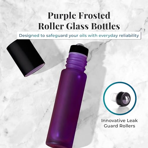 Your Oil Tools 10 Pack Essential Oil Roller Bottles, 10ml Empty Purple Frosted Glass Roll-on with Leak Guard Stainless Steel Roller Balls & Black Caps for oils and perfume2