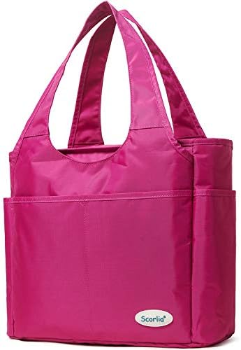 Scorlia Insulated Lunch Shoulder bag, Extra Large Lunch Tote Handbag, Durable Reusable Cooler Ladies lunch Box Bag with Side pockets, Tall Drinks Holder for Women Men Work, Red