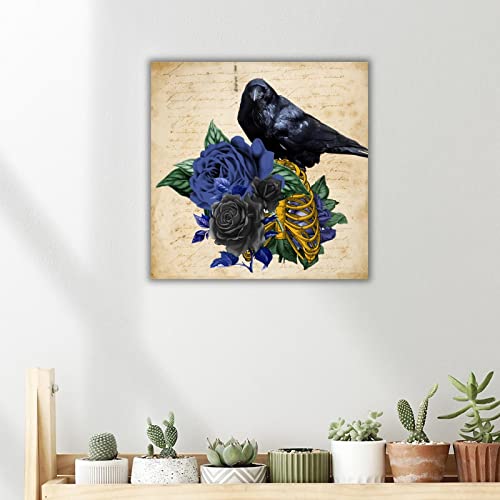 Panneau mural bois Raven on Skull 40cm déco rétro floral bleu - 5