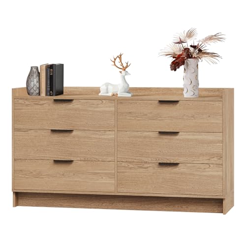 Modern Dresser with 6 Drawers 52.5" Wide Chest of Drawers with Metal Handle, Double Wooden Storage Cabinet with Deep Drawers & TV Stand Wood Closet Cl